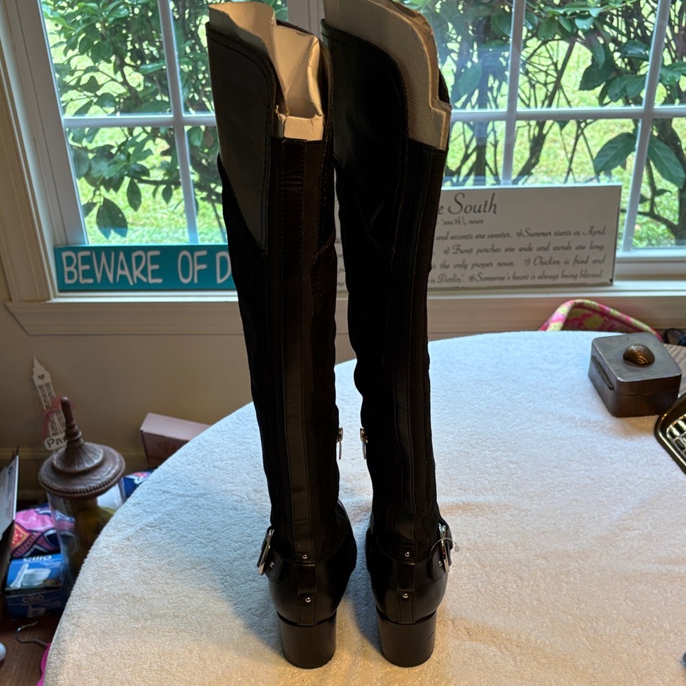 Marc Fisher 50/50 Suede Black Heeled Knee High Boots - Picture 3 of 9